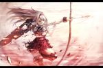  1girl archery battle blush boots bow_(weapon) brown_eyes damaged flight_deck hair_ribbon hairband japanese_clothes kantai_collection kyuudou long_hair mondo muneate personification ribbon shoukaku_(kantai_collection) silver_hair single_glove skirt solo thigh-highs thigh_boots torn_clothes weapon white_hair yugake 