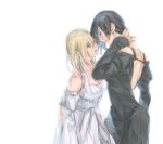  2girls arms_behind_back bare_back bare_shoulders black_dress black_hair blonde_hair blue_eyes christa_renz collarbone corset dress hair_between_eyes hand_on_own_neck kunihara looking_at_another multiple_girls shingeki_no_kyojin short_hair white_background white_dress ymir_(shingeki_no_kyojin) 