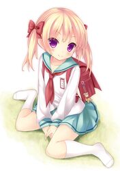  1girl backpack bag blonde_hair child looking_at_viewer name_tag original randoseru ryo school_uniform serafuku short_hair short_twintails sitting skirt smile socks solo twintails violet_eyes wariza white_legwear 