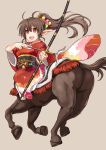  1girl arrow bow_(weapon) brown_background brown_hair centaur hair_ornament highres japanese_clothes long_hair looking_at_viewer monster_girl open_mouth original pointy_ears ponytail red_eyes simple_background weapon wide_sleeves yuugiri 