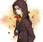  1boy axel cloak facial_mark gloves green_eyes hooded kikori_(soranoura) kingdom_hearts leaf redhead solo 