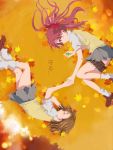  2girls autumn_leaves brown_eyes brown_hair closed_eyes ghost_(ghost528) highres long_hair lying misaka_mikoto multiple_girls on_side rotational_symmetry school_uniform shirai_kuroko short_hair to_aru_kagaku_no_railgun to_aru_majutsu_no_index 