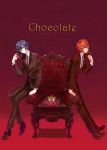  2boys blue_hair bow carnelian chair chocolate crown flower formal heart ichinose_tokiya ittoki_otoya looking_at_viewer multiple_boys necktie orange_eyes redhead shirt short_hair sitting smile striped striped_shirt suit uta_no_prince-sama 