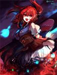  1girl breasts cis_(carcharias) dress fangs flower hair_bobbles hair_ornament large_breasts onozuka_komachi open_mouth red_eyes redhead scythe short_hair smile solo tagme touhou twintails 
