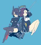  1girl 2girls bare_legs barefoot black_legwear breasts crossed_arms eyepatch glaive gloves headgear kantai_collection mechanical_halo multiple_girls necktie personification purple_hair school_uniform short_hair simple_background skirt smile sword tatsuta_(kantai_collection) tenryuu_(kantai_collection) thighhighs violet_eyes weapon yellow_eyes yuzuki_gao 