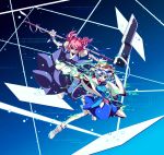  2girls android blue_eyes blue_hair cyberpunk hair_bobbles hair_ornament hat hologram multiple_girls onozuka_komachi pointing red_eyes redhead rod_of_remorse sanshirou scythe shikieiki_yamaxanadu touhou twintails 