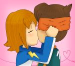  2boys artist_request blonde_hair brown_hair character_request chibi closed_eyes endou_mamoru heart inazuma_eleven kiss multiple_boys pink_background short_hair source_request yaoi 