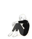  1girl against_wall arm_rest barefoot brown_eyes feet from_side highres knees_up legs lips long_hair looking_at_viewer monochrome original outline pants poaro shadow shirt simple_background sitting smile solo spot_color white_background 