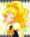  1girl blonde_hair bow bowtie brooch cure_honey earrings hair_bow happinesscharge_precure! jewelry kagami_chihiro long_hair magical_girl oomori_yuuko precure puffy_sleeves smile solo wink yellow_eyes 