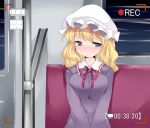  1girl blonde_hair dress hammer_(sunset_beach) hat long_hair looking_at_viewer maribel_hearn neckerchief sitting touhou train train_interior viewfinder violet_eyes 