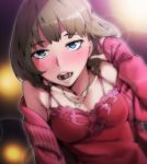  1girl adjusting_hair bare_shoulders blue_eyes blush breasts brown_hair chocolate collarbone green_eyes heterochromia idolmaster idolmaster_cinderella_girls jewelry looking_at_viewer mole mouth_hold necklace open_mouth short_hair solo takagaki_kaede tkhs 