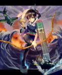  1girl absurdres airplane archery blush boots bow_(weapon) brown_eyes explosion fire flight_deck hair_ribbon highres japanese_clothes kaga_(kantai_collection) kantai_collection komakinyan kyuudou muneate personification ribbon single_glove skirt thigh-highs thigh_boots water weapon yugake 