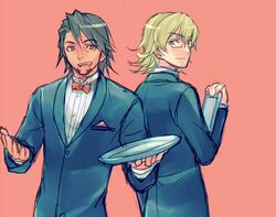  2boys alternate_costume barnaby_brooks_jr black_hair blonde_hair bowtie clipboard facial_hair formal glasses green_eyes grey_eyes kaburagi_t_kotetsu looking_back multiple_boys open_mouth smile suit tiger_&amp;_bunny tray waiter wanko_(takohati8) 