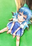  1girl :o against_tree blue_dress blue_hair bow cirno dress dutch_angle from_above grass hair_bow ice ice_wings kirimori_toya legs_apart looking_at_viewer looking_up puffy_short_sleeves puffy_sleeves short_hair short_sleeves sitting solo touhou tree wings 