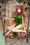  1girl adapted_costume bamboo bamboo_forest bare_legs barefoot blue_eyes braid breasts bun_cover china_dress chinese_clothes double_bun dress forest green_dress hair_bun hair_ribbon hong_meiling kabaji large_breasts long_hair looking_at_viewer nature redhead ribbon side_slit soaking_feet solo touhou twin_braids very_long_hair water 