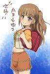  1girl awa backpack bag blush brown_eyes brown_hair frilled_skirt frills hair_ribbon hisanuma_sayu looking_at_viewer midriff miniskirt nagi_no_asukara randoseru ribbon shirt short_hair short_sleeves short_twintails side skirt smile solo standing twintails 