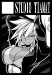  1girl 3:&lt; arms_up blazblue breasts bullet_(blazblue) circle_cut cleavage dark_skin gauntlets large_breasts monochrome no_bra scar short_hair solo tanabe_(studio_tiamat) 