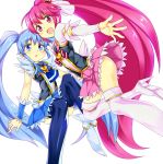  2girls aino_megumi black_legwear blue_dress blue_eyes blue_hair boots cure_lovely cure_princess dress frills hair_ornament hair_ribbon happinesscharge_precure! heart_hair_ornament keikotsu long_hair magical_girl multiple_girls pink_dress pink_eyes pink_hair ponytail precure puffy_sleeves ribbon shirayuki_hime shoes skirt smile thigh_boots thighhighs twintails white_background white_legwear wrist_cuffs 