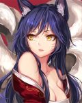  1girl ahri animal_ears bare_shoulders black_hair breasts cleavage facial_mark fox_ears fox_tail large_breasts league_of_legends long_hair momoko_(momopoco) multiple_tails solo tail whisker_markings yellow_eyes 