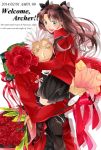  1boy 1girl archer black_legwear bouquet brown_hair fate/stay_night fate_(series) flower hair_ribbon highres long_hair oekaki-daisuki-dessu ribbon thighhighs tohsaka_rin toosaka_rin two_side_up white_hair 