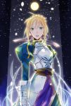  1girl ahoge armor armored_dress blonde_hair fate/stay_night fate_(series) faulds gauntlets green_eyes hair_ribbon highres juliet_sleeves light_particles long_sleeves night oekaki-daisuki-dessu puffy_sleeves ribbon saber solo 
