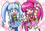  2girls ;d aino_megumi black_legwear blue_dress blue_eyes blue_hair blush boots chibi crown cure_lovely cure_princess dress frills guardias hair_ornament happinesscharge_precure! heart_hair_ornament long_hair magical_girl mini_crown multiple_girls no_nose open_mouth pink_dress pink_eyes pink_hair ponytail precure shirayuki_hime skirt smile thigh-highs thigh_boots twintails white_legwear wink wrist_cuffs 
