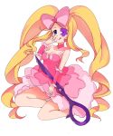  1girl blonde_hair blue_eyes boots bow breasts choker cleavage dress drill_hair earrings eyepatch hair_bow harime_nui heart jewelry kill_la_kill licking_lips long_hair pink_dress scissor_blade shoulderless_dress smile solo surumeider tongue twin_drills twintails white_background wrist_cuffs 