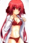  1girl absurdres bat_wings blush bra breasts cleavage dress_shirt head_wings highres koakuma long_hair looking_at_viewer open_clothes open_shirt pandamonium panties red_bra red_eyes red_panties redhead rough shirt simple_background solo touhou underwear white_background wings 