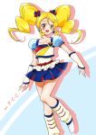  1girl alternate_form blonde_hair blue_skirt boots bow cure_honey earrings happinesscharge_precure! highres jewelry kagami_chihiro knee_boots leg_warmers long_hair magical_girl oomori_yuuko popcorn_cheer precure puffy_sleeves skirt smile solo twintails wrist_cuffs yellow_eyes 