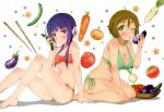  2girls ;o absurdres bikini blue_hair blush breasts brown_hair carrot cleavage eggplant food green_eyes highres kinoshita_ringo_(no-rin) legs multiple_girls nakazawa_minori no-rin nyantype onion red_eyes short_hair side-tie_bikini swimsuit tomato wink 