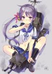  1girl akebono_(kantai_collection) bell flower hair_bell hair_ornament hanekoto kantai_collection long_hair machinery midriff navel personification ponytail purple_hair side_ponytail sitting solo torn_clothes turret violet_eyes 