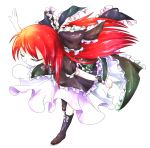  1girl boots closed_eyes dress expressionless farewell_(game) frills hair_ribbon leaning_forward long_hair outstretched_arms ponytail redhead relic_(farewell) ribbon simple_background solo spread_arms wristband 