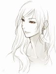  1girl brown_eyes bust collarbone earrings eyelashes hair_over_shoulder highres jewelry lips long_hair looking_to_side monochrome multiple_earrings original poaro signature simple_background sketch solo spot_color white_background 