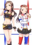  2girls brown_hair dan_(orange_train) fingerless_gloves flower flower_on_head gloves hairband idolmaster idolmaster_million_live! idolmaster_movie jewelry kitazawa_shiho long_hair midriff minase_iori mismatched_legwear multiple_girls navel necklace red_eyes smile starpiece_memories thighhighs wink yellow_eyes zettai_ryouiki 