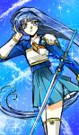  1girl blue_eyes blue_hair long_hair magic_knight_rayearth pleated_skirt ryuuzaki_umi school_uniform skirt solo sword tktn water weapon 