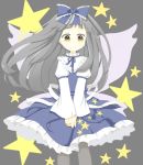  1girl capelet dress ellipsis_(mitei) fairy_wings grey_background grey_hair grey_legwear juliet_sleeves long_hair long_sleeves looking_at_viewer pantyhose puffy_sleeves ribbon skirt_hold smile solo star star_print star_sapphire starry_background touhou v_arms wind wings yellow_eyes 