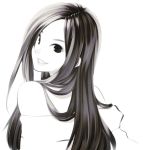  1girl hair_over_shoulder lips long_hair looking_at_viewer looking_over_shoulder monochrome off-shoulder_shirt original parted_lips poaro simple_background smile solo white_background 