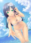  1girl adjusting_hair bikini black_hair blush breasts cleavage dripping flower green_eyes hair_flower hair_ornament hand_in_hair ichimatsu_nana large_breasts long_hair looking_at_viewer original outstretched_arm outstretched_hand smile solo swimsuit water wet white_bikini white_swimsuit 