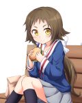  1girl blush brown_hair food hamburger highres long_hair looking_at_viewer mikakunin_de_shinkoukei mitsumine_mashiro nogisaka_kushio school_uniform sitting smile socks solo white_background yellow_eyes 