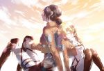  2girls back-to-back black_hair blonde_hair boots brown_boots christa_renz closed_eyes clouds happy jacket long_sleeves multiple_girls peipei24 ponytail shingeki_no_kyojin short_hair sitting sky smile sunlight three-dimensional_maneuver_gear uniform ymir_(shingeki_no_kyojin) 