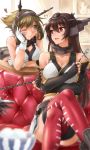  2girls bare_shoulders brown_eyes brown_hair elbow_gloves fingerless_gloves gloves headgear highres kantai_collection long_hair multiple_girls mutsu_(kantai_collection) nagato_(kantai_collection) okitakung personification red_eyes short_hair thighhighs wink 
