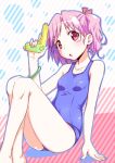  1girl chomo_(asymmate) original pink_eyes pink_hair school_swimsuit short_hair sitting solo swimsuit twintails water_gun 