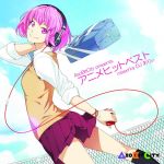  1girl album_cover bag black_legwear blazer bracelet cable clouds cover dutch_angle fence from_side headphones holding_bag jewelry legs looking_at_viewer looking_over_shoulder media_player original pink_eyes pink_hair poaro school_bag school_uniform shirt skirt sky sleeves_rolled_up socks solo white_shirt 