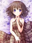  1girl bare_shoulders brown_hair kanon lying misaka_shiori on_back short_hair smile solo violet_eyes 