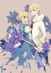  1boy 1girl ahoge blonde_hair flower gilgamesh hair_bun highres msg01 saber 