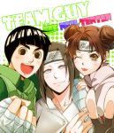  1girl 2boys ;p bandages black_hair brown_eyes brown_hair character_name double_bun fingerless_gloves forehead_protector gloves grey_eyes hyuuga_neji iyutani light_smile long_hair looking_at_viewer multiple_boys naruto rock_lee short_hair smile teeth tenten tongue wink 