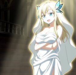  1girl blonde_hair blue_eyes boku_wa_tomodachi_ga_sukunai butterfly butterfly_hair_ornament fang hair_ornament highres kashiwazaki_sena long_hair screencap solo stitched 