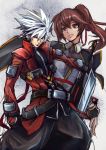  1girl blazblue blazblue_phase_0 brown_eyes brown_hair cape celica_a_mercury green_eyes hair_ribbon hakama heterochromia high_collar inset jacket japanese_clothes multiple_belts ponytail ragna_the_bloodedge red_eyes red_jacket ribbon solo_focus sowel_(sk3) spiky_hair sword weapon white_hair 