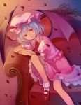  1girl ascot bat_wings blue_hair brooch chair dress hat hat_ribbon jewelry lazuri7 leg_up looking_at_viewer mob_cap petals pink_dress puffy_sleeves red_eyes remilia_scarlet ribbon short_sleeves sitting solo touhou wings 