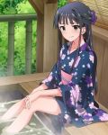  1girl artist_request black_hair blue_eyes half_updo heart idolmaster idolmaster_million_live! japanese_clothes kimono long_hair looking_at_viewer mogami_shizuka official_art partially_submerged smile solo steam 